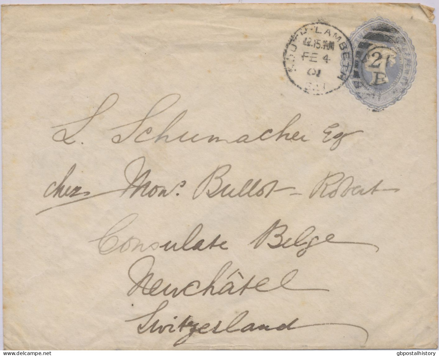 GB 1901, QV 2½d Grey-blue VF Postal Stationery Env W Uncommon Duplex-cancel "SOUTH-LAMBETH / S.W / 26 B / 1" (LONDON) - Storia Postale