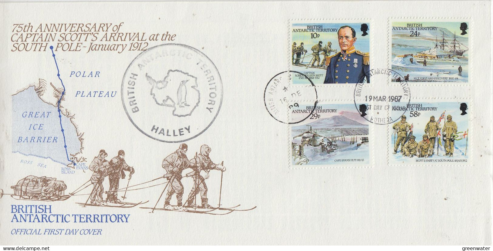 British Antarctic Territory (BAT) 75th. Ann. Of Capt. Scott's Arrival At South Pole 4v FDC Ca Rothera 19 MAR 1987(XX176) - FDC