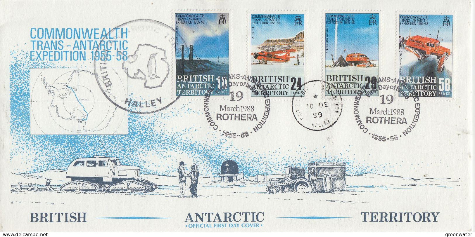 British Antarctic Territory (BAT) 1988 Trans-Antarctic Expedition Ca Halley  4v FDC Ca Rothera 19 March 1988  (XX176) - FDC