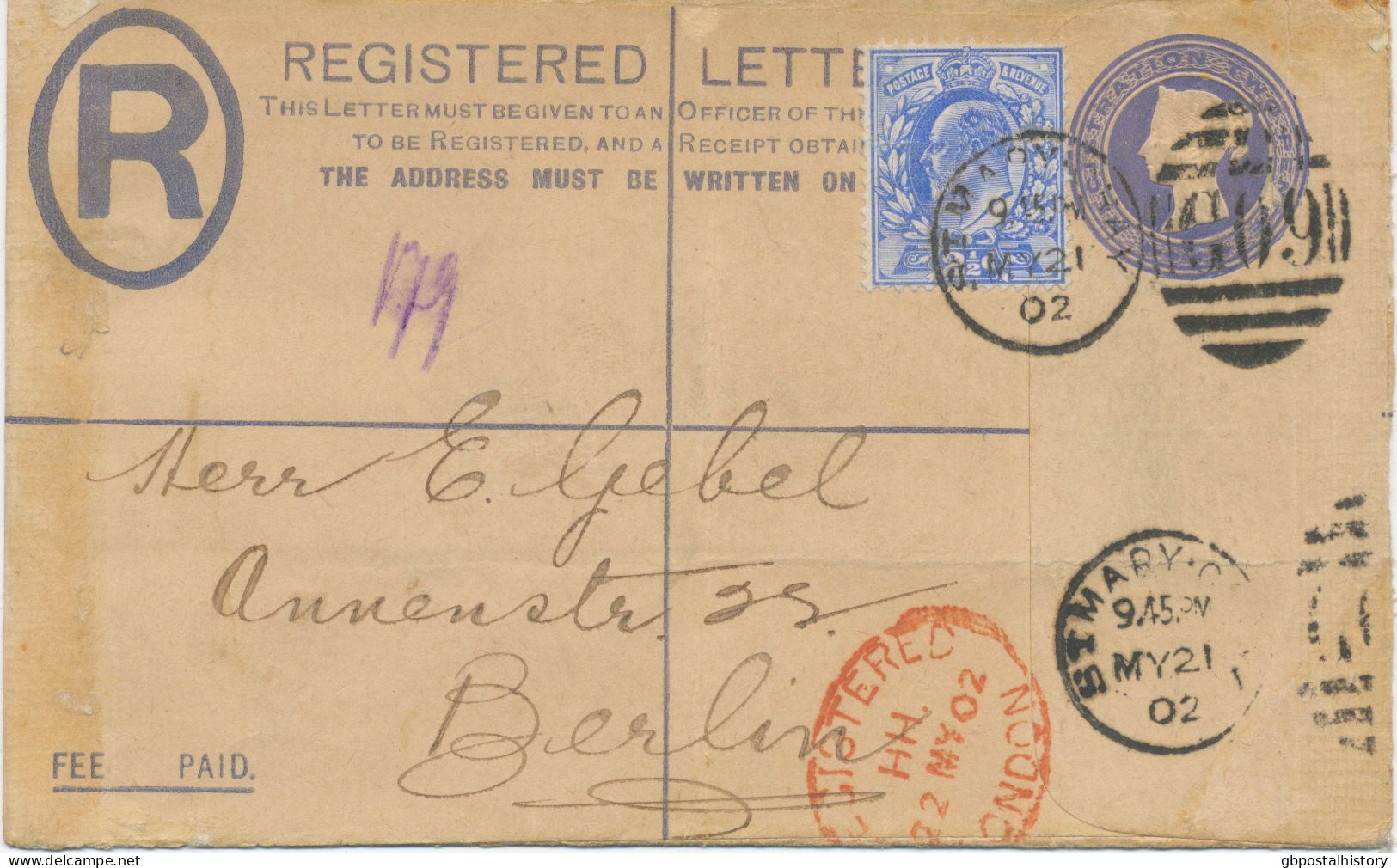 GB 1902 QV 2d Superb Registered Letter W. EVII 2 ½d Ultramarine With Barred Duplex-cancel "St. MARY-CRAY / G09" (LONDON) - Lettres & Documents