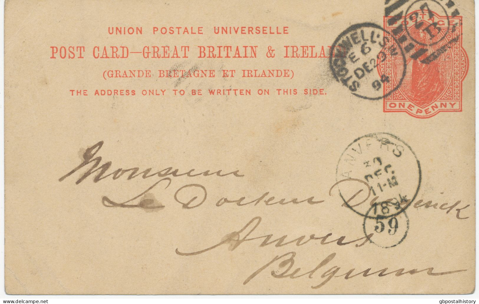 GB 1894, QV 1d Orangered Fine Postcard With Barred Duplex-cancel "STOCKWELL-S.W. / 27 B" (LONDON) LATEST USAGE - Brieven En Documenten