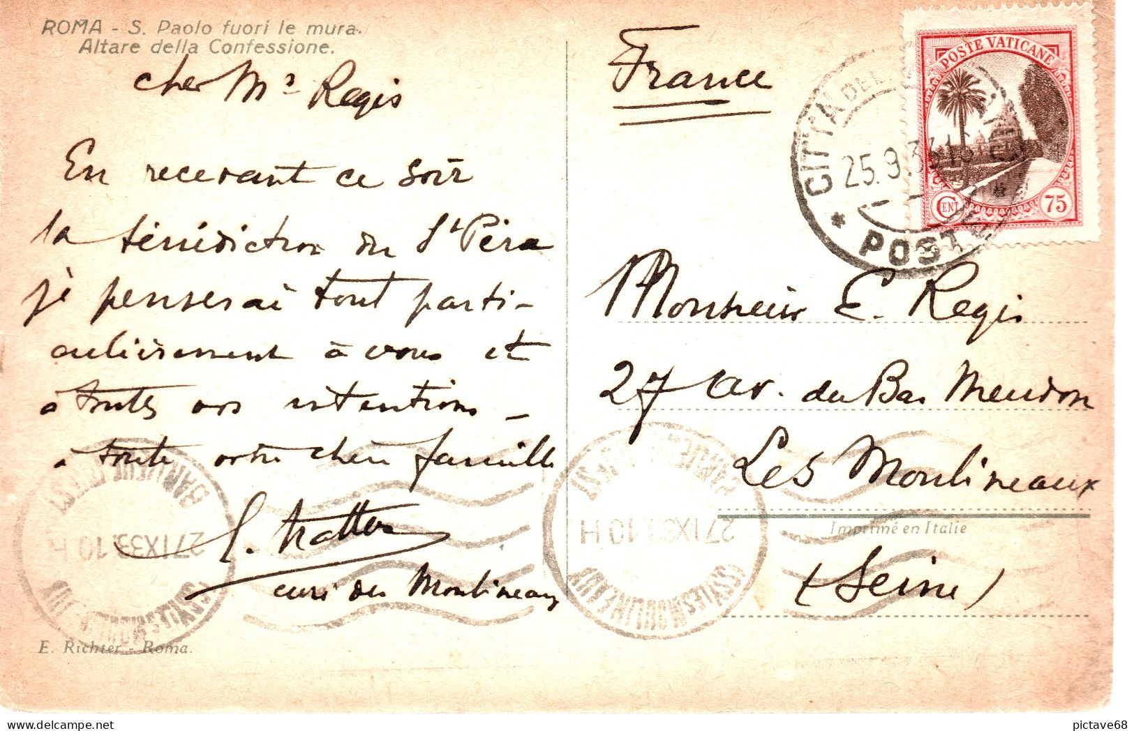 VATICAN / CARTE POSTALE A DESTINATION DE LA FRANCE 1933 - Franking Machines (EMA)