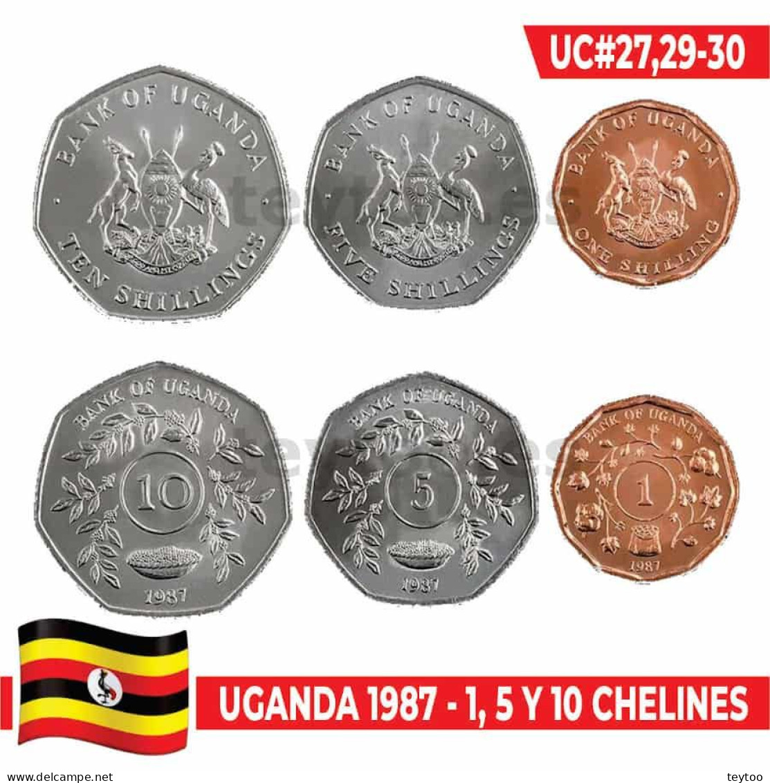 C1540.2# Uganda 1987. Lote 3 Monedas. 1, 5 Y 10 Sh (UNC) UC#27,29-30 - Uganda