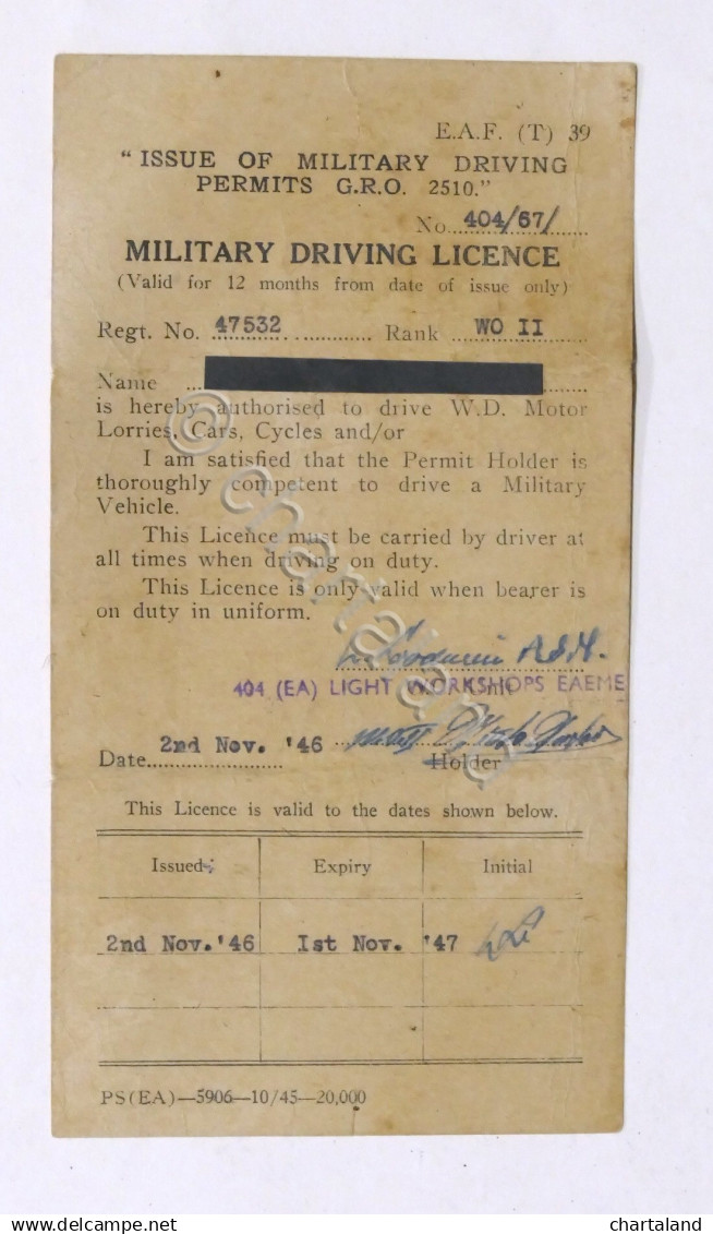 Military Driving Licence - Patente Militare Di Guida - Novembre 1946 - Documents