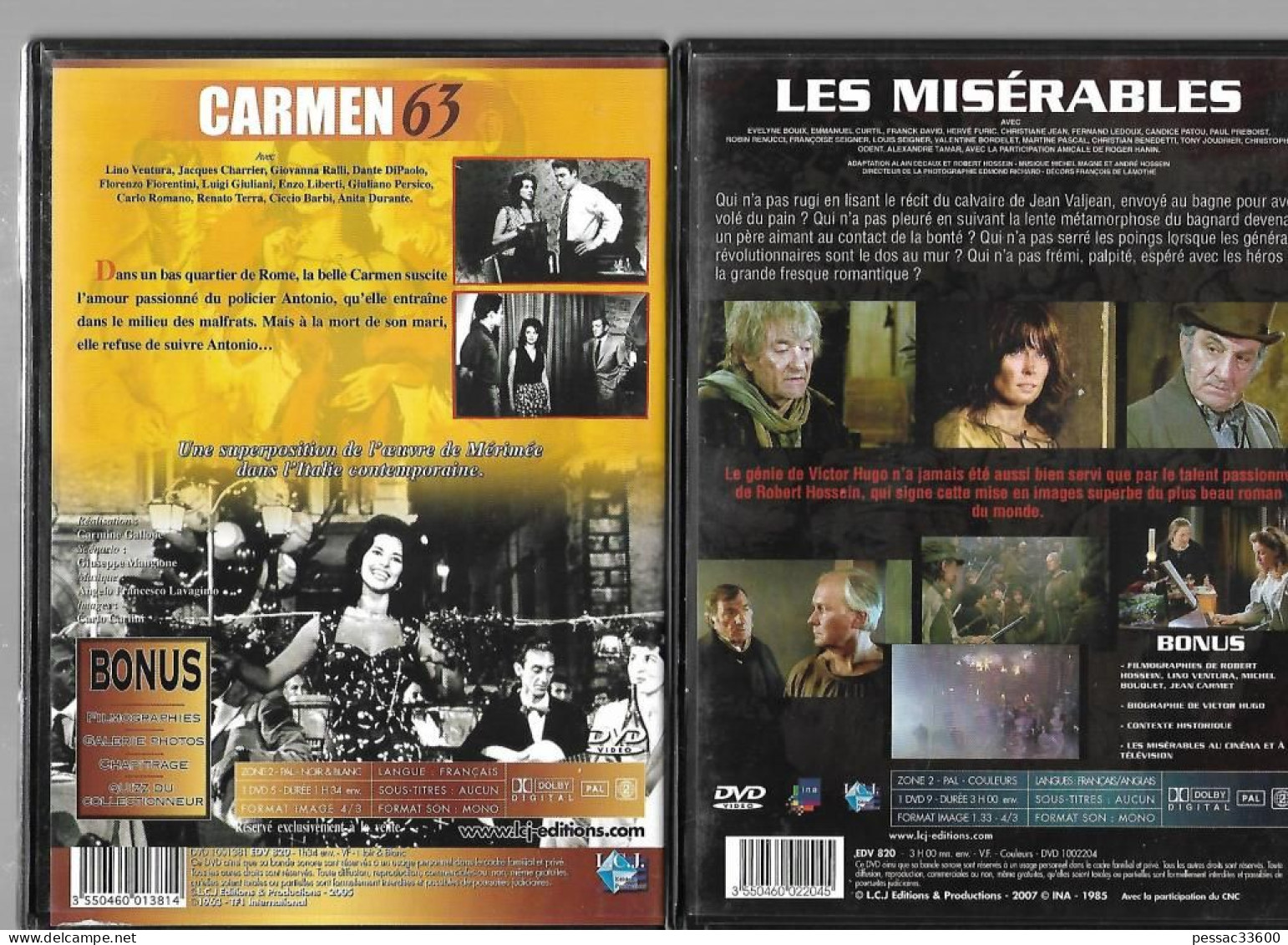 Lino Ventura Coffret De 3 DVD BE Les Misérables / Le Gorille Vous Salue Bien / Carmen 63  TBE - Classiques