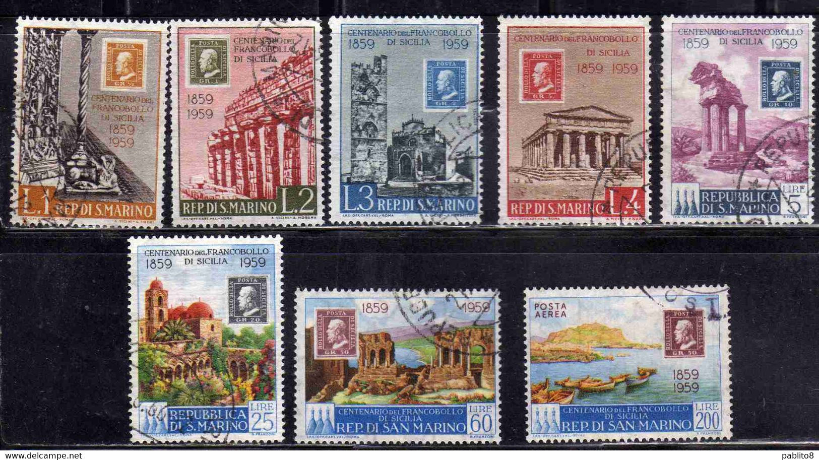REPUBBLICA DI SAN MARINO 1959 CENTENARIO PRIMI FRANCOBOLLI SICILIA SICILY SERIA COMPLETA COMPLETE SETUSATO USED OBLITERE - Used Stamps