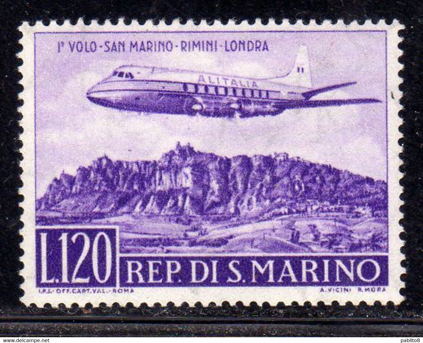 REPUBBLICA DI SAN MARINO 1959 POSTA AEREA AEREA AIR MAIL PRIMO 1° VOLO SM RIMINI LONDRA 1TH FIRST FLIGHT LIRE 120 MNH - Airmail