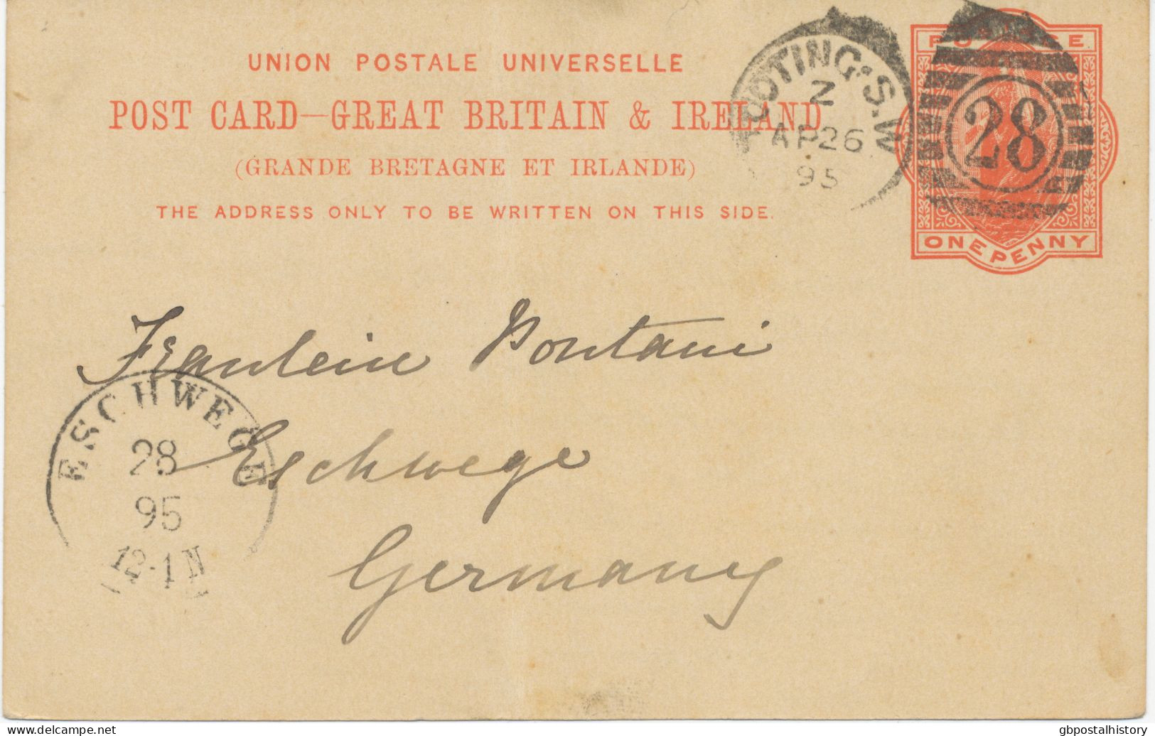 GB 1895, QV 1d VF Postcard With Difficult To Find Barred Duplex-cancel "TOOTING-S.W. / 28" (LONDON) NEW LATEST USE - Brieven En Documenten