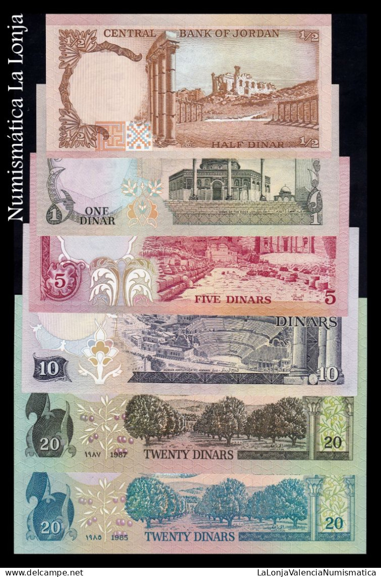 Jordania Jordan Full Set 6 Banknotes 1/2 1 5 10 20 20 Dinars 1975-1992 Pick 17-22 Sc Unc - Giordania