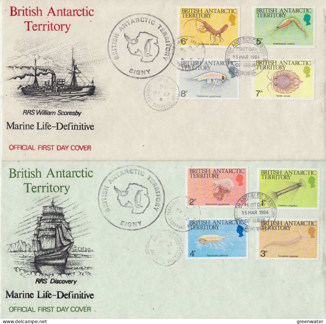 British Antarctic Territory (BAT) 1984 Marine Life / Definitives 16v Ca Signy  4 FDC Ca Rothera 5 MAR 1984  (XX179) - FDC