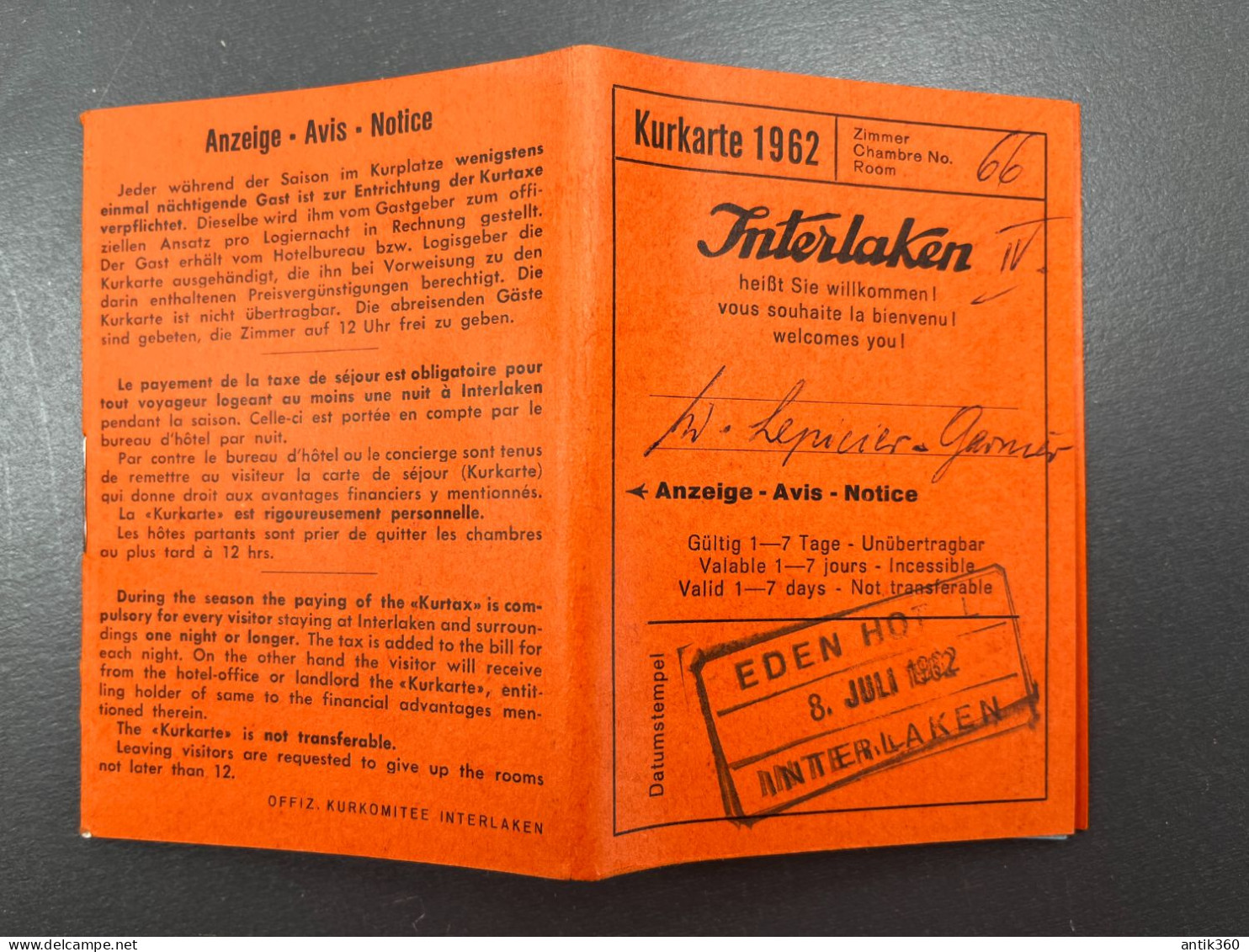 Ancienne Brochure Carte Touristique Kurtkarte 1962 INTERLAKEN Suisse - Reiseprospekte