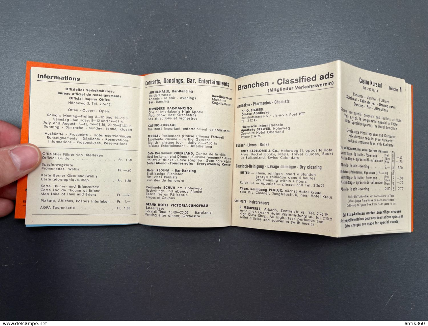 Ancienne Brochure Carte Touristique Kurtkarte 1962 INTERLAKEN Suisse