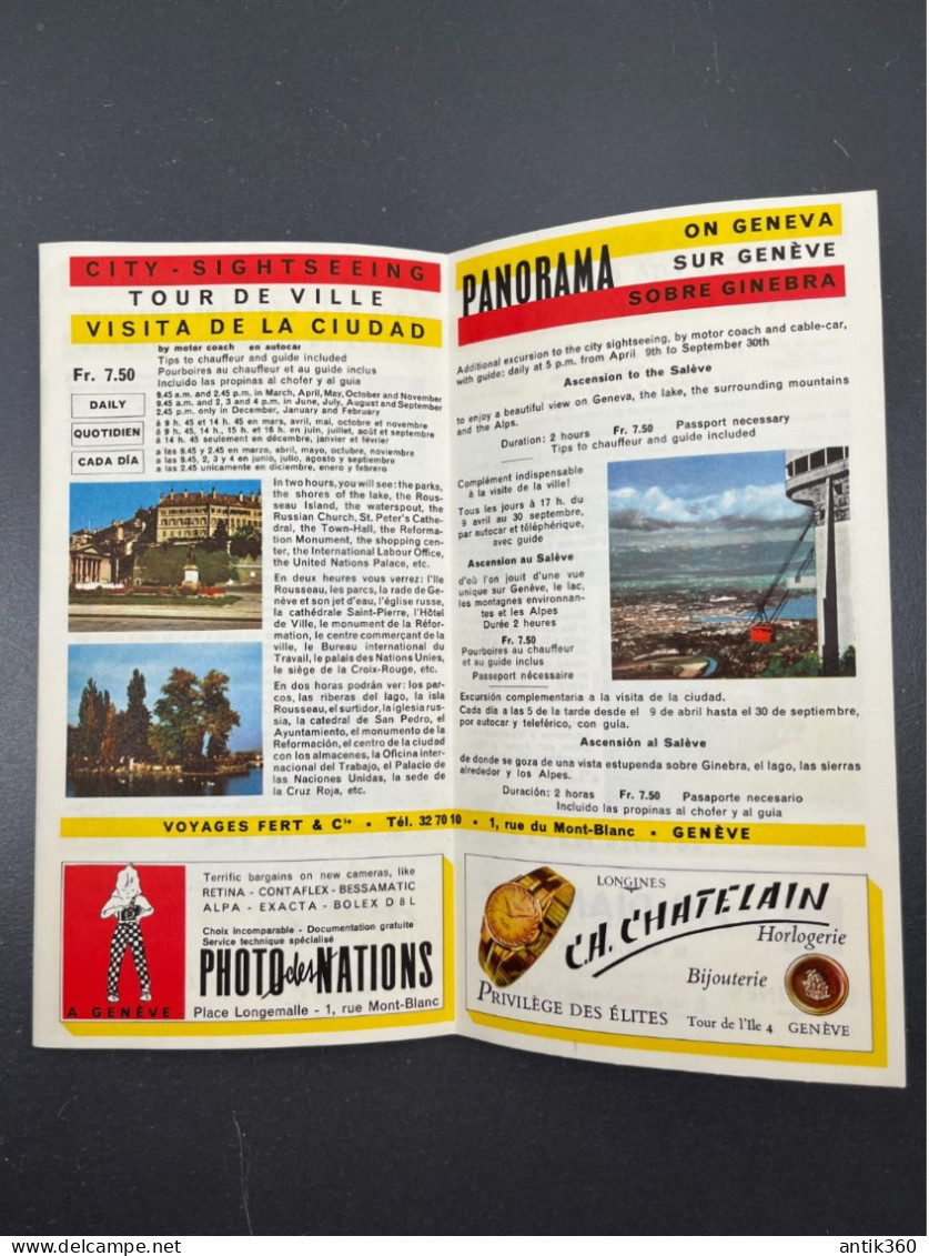 Ancien dépliant Brochure Touristique GENEVE Centre d'excursions 1962 Voyages FERT et Compagnie Suisse
