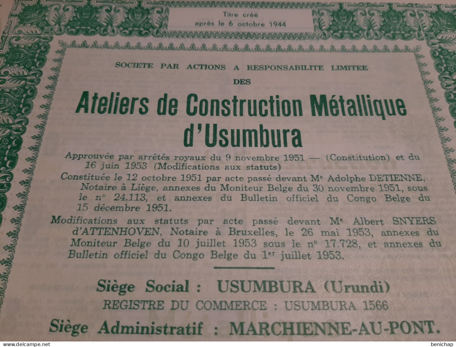 Ateliers De Construction Métallique D'Usumbura - Action De 500 Francs Congolais - Urundi Juillet 1953. - Afrique