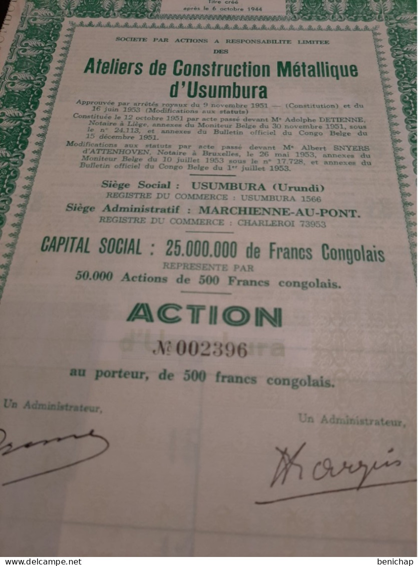 Ateliers De Construction Métallique D'Usumbura - Action De 500 Francs Congolais - Urundi Juillet 1953. - Afrika