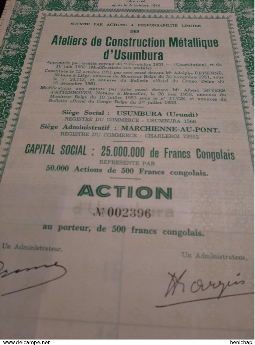 Ateliers De Construction Métallique D'Usumbura - Action De 500 Francs Congolais - Urundi Juillet 1953. - Afrique