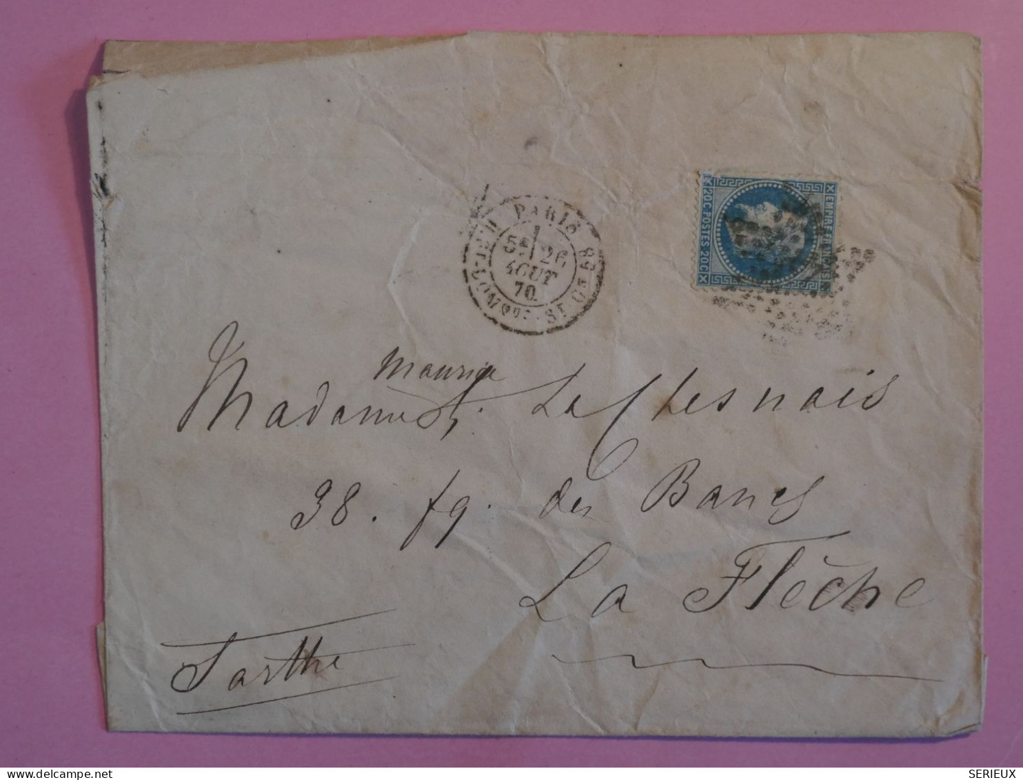 BQ 1 FRANCE  BELLE LETTRE  AOUT 1870  ETOILE DE PARIS N°20 A LA FLECHE +N°29  +++AFF.  INTERESSANT++ - 1863-1870 Napoléon III Lauré