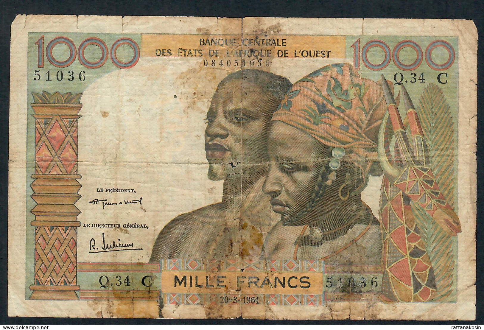 W.A.S. UPPER VOLTA (  BURKINA FASO ) P303Cb 1000 FRANCS 20.3.1961 SIGNATURE 1  GOOD / TEARS - West African States