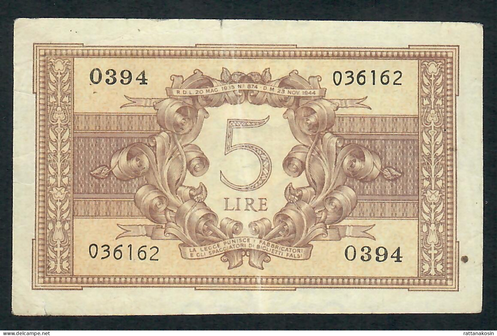 ITALY P31c 5 LIRE 23.11.1944 FINE - Sonstige & Ohne Zuordnung