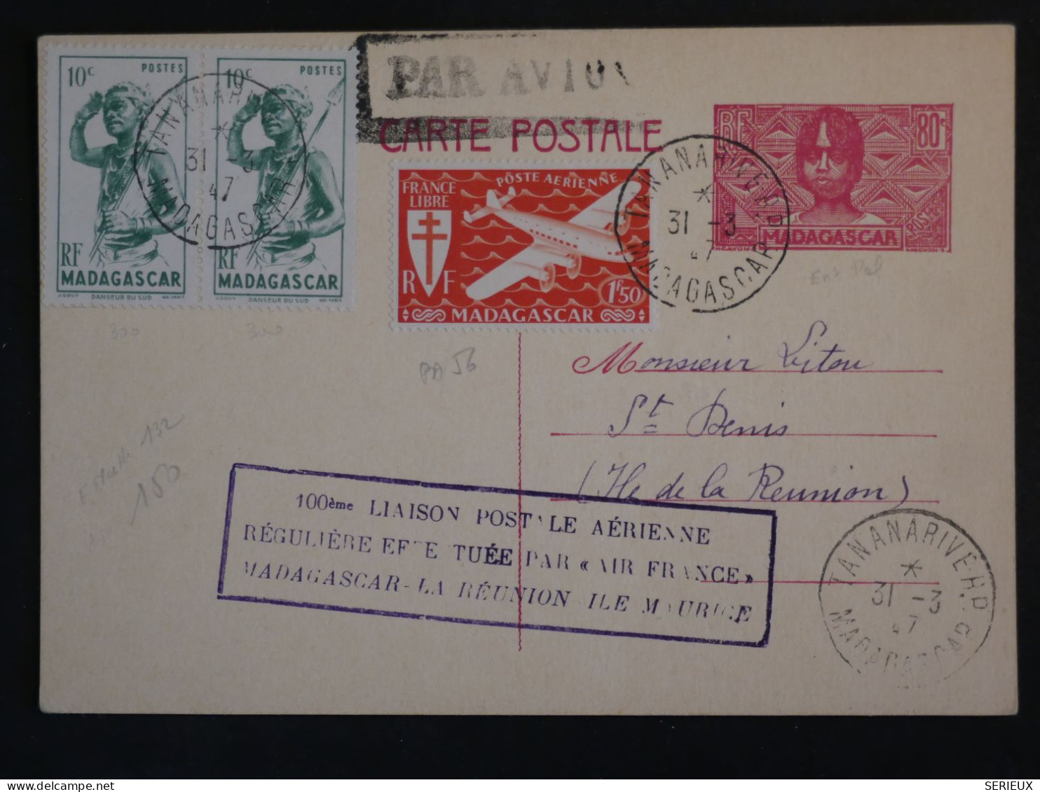 C  MADAGASCAR  BELLE CARTE ENTIER 1ER VOL  RR 1947   TANANARIVE A ST DENIS LA REUNION +++AFFRANC.PLAISANT++ - Airmail