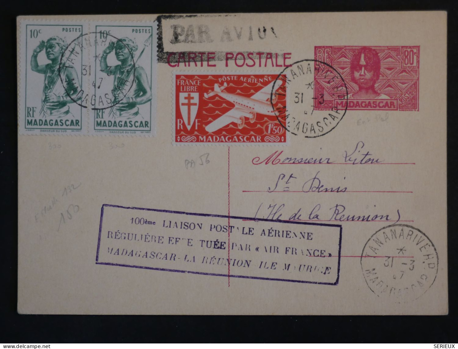 C  MADAGASCAR  BELLE CARTE ENTIER 1ER VOL  RR 1947   TANANARIVE A ST DENIS LA REUNION +++AFFRANC.PLAISANT++ - Poste Aérienne