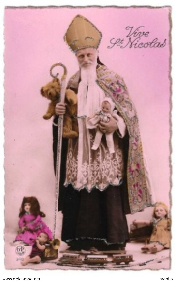 VIVE St NICOLAS, Paillettes,  Jouets D'enfants, Poupée, Ours Photo Véritable Ed De LUXE G.P. Paris 348 - Saint-Nicolas