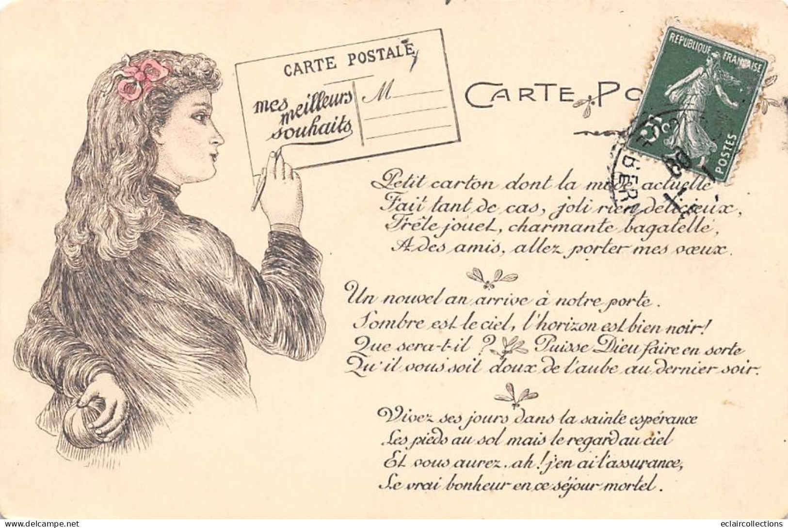 Thème Carte Postale :  Jeune Femme écrivant    Mes Meilleurs Souhaits       (voir Scan) - Altri & Non Classificati