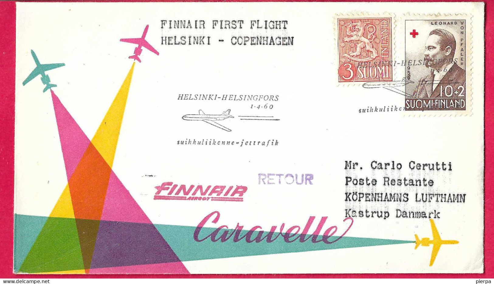 FINLAND - FIRST CARAVELLE FLIGHT FROM HELSINKI TO COPENHAGEN *1.4.1960* ON OFFICIAL COVER - Lettres & Documents