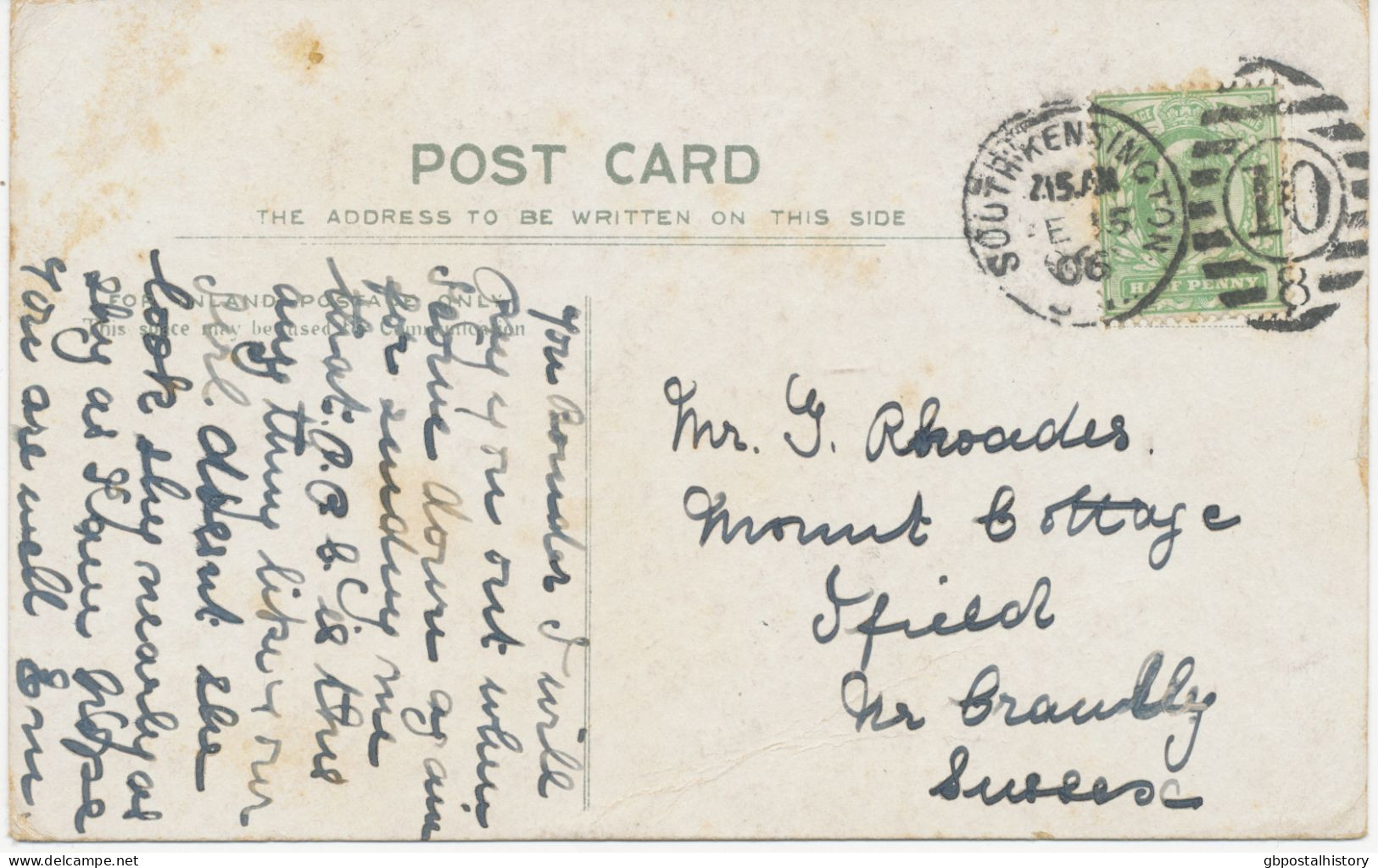 GB 1906 EVII ½d Yellow-green On VF Col. Postcard With Clear Barred Duplex-cancel "SOUTH-KENSINGTON / S.W / 10 / 8" - Covers & Documents