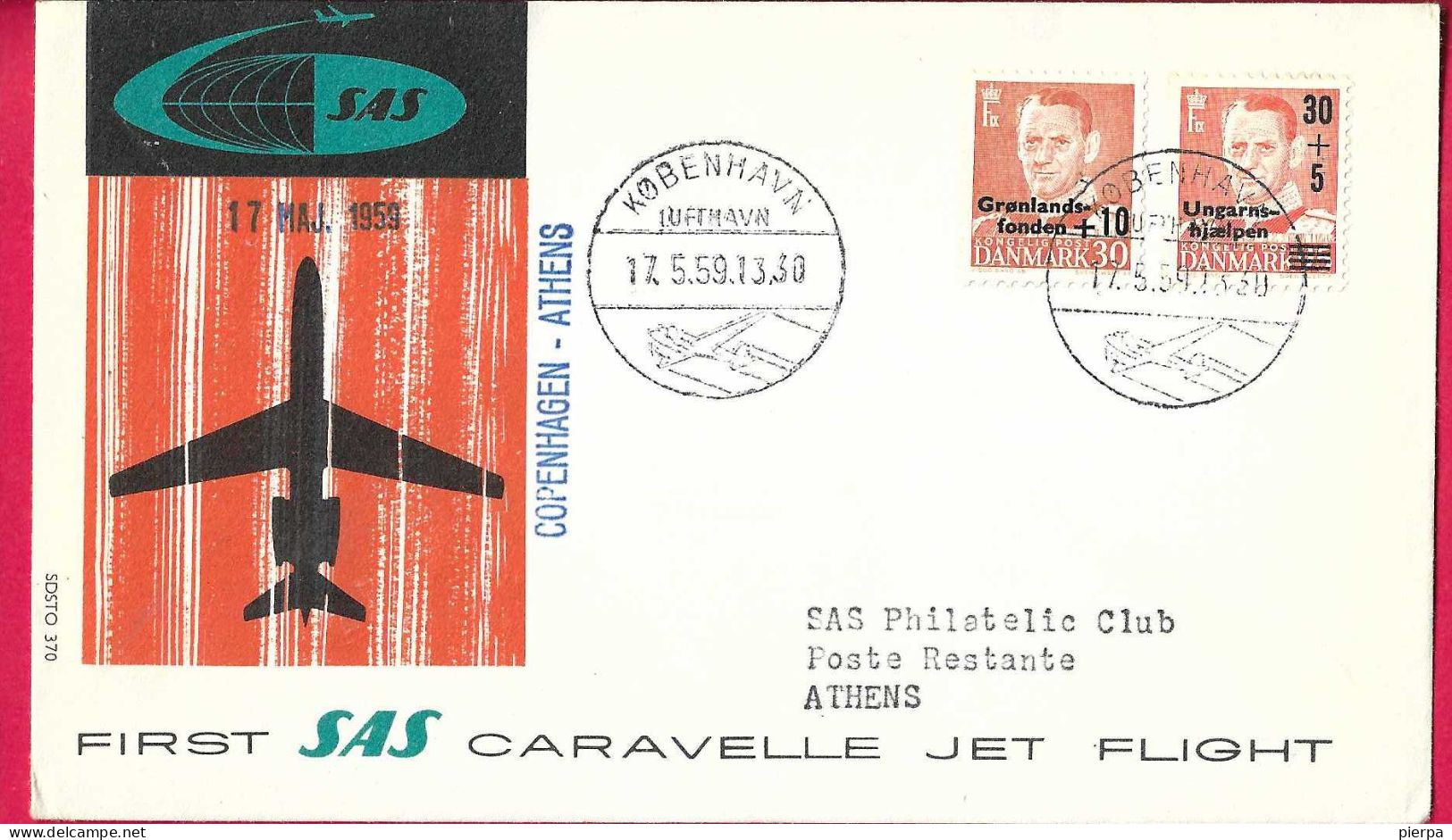 DANMARK - FIRST CARAVELLE FLIGHT - SAS - FROM KOBENHAVN TO ATHENS *17.5.59* ON OFFICIAL COVER - Poste Aérienne