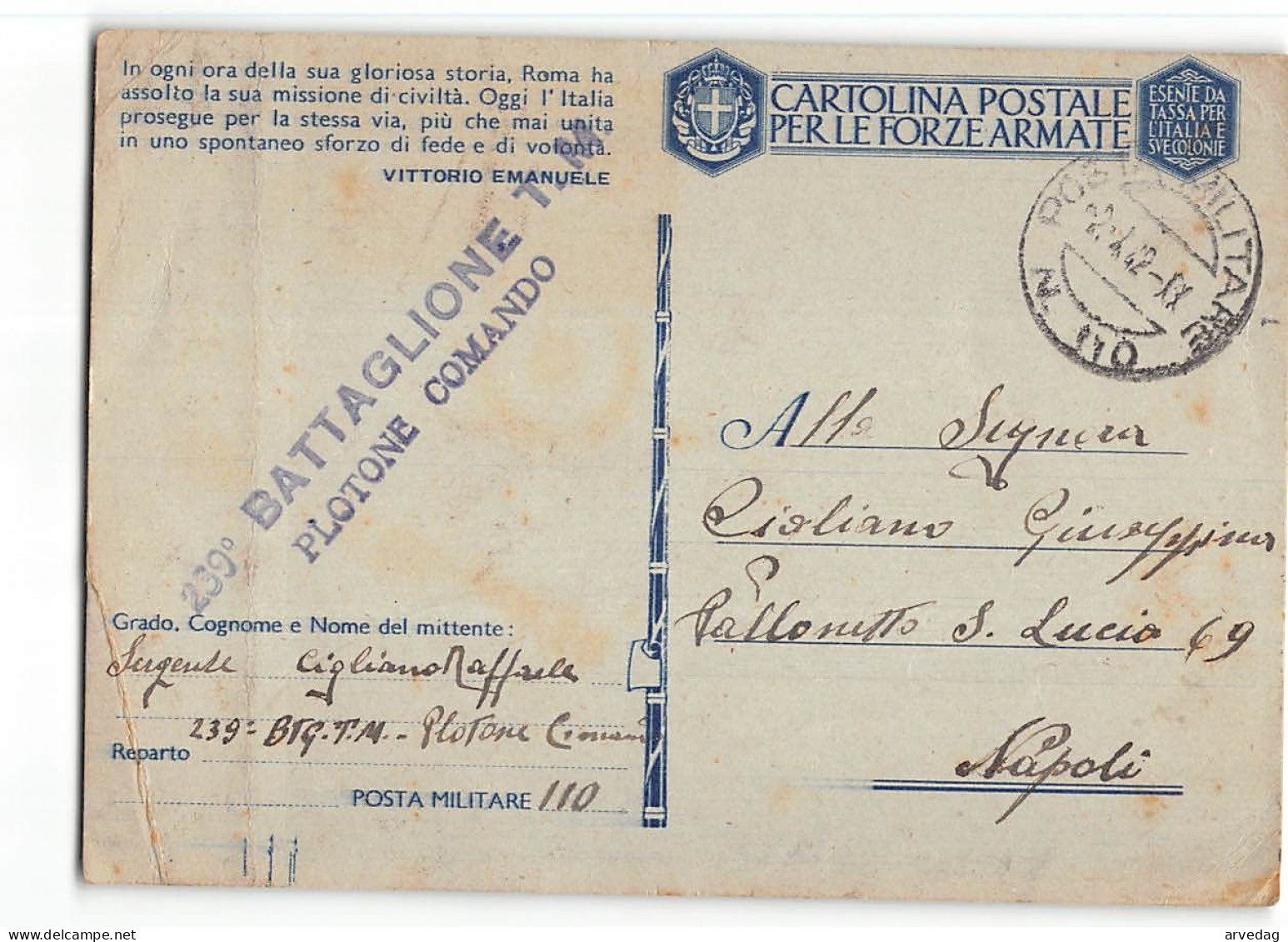 AG2053 POSTA MILITARE  110 239 BATT. T.M. X NAPOLI - Military Mail (PM)