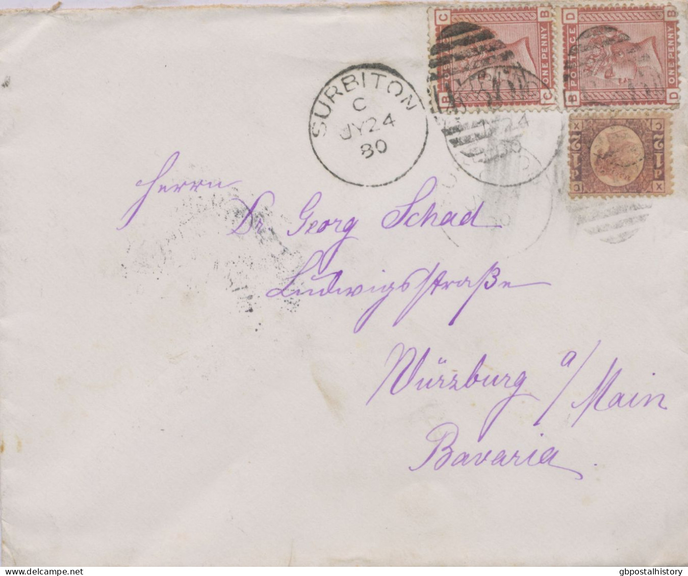 GB 1880 QV ½d Rose Rare Pl.20 (CX) Together With 1d Venetian-red (2 X, CB, DB) W. Barred Duplex-cancel "SURBITON / F36" - Brieven En Documenten