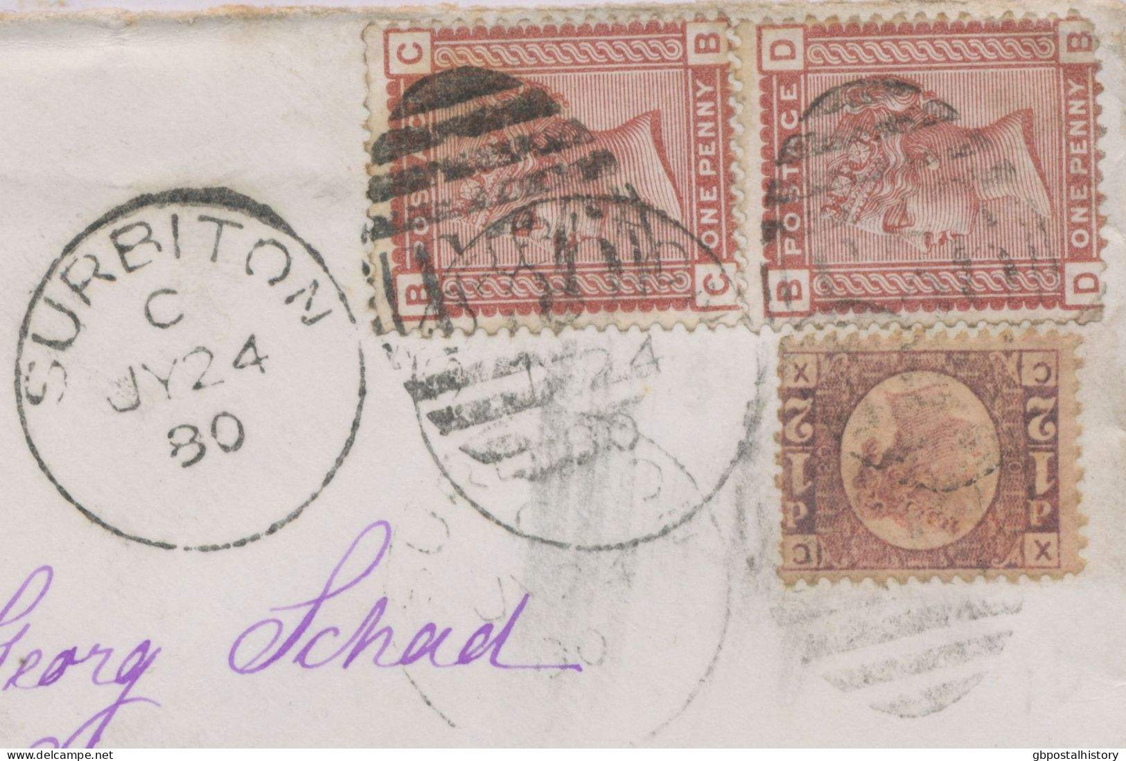 GB 1880 QV ½d Rose Rare Pl.20 (CX) Together With 1d Venetian-red (2 X, CB, DB) W. Barred Duplex-cancel "SURBITON / F36" - Cartas & Documentos