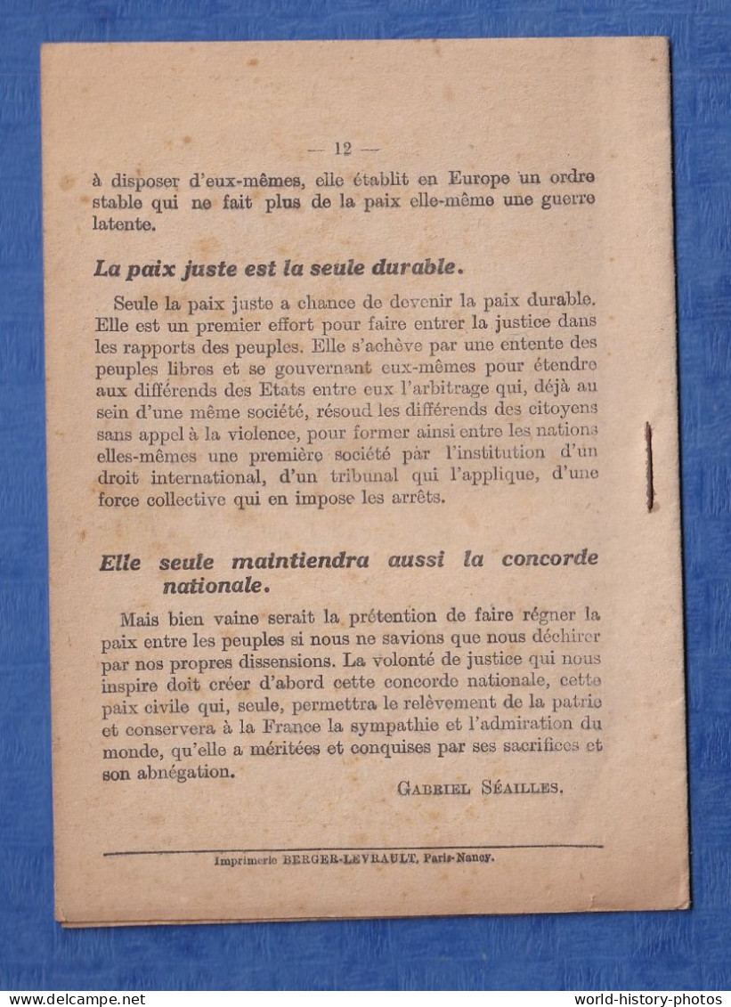Livret Ancien - LA PAIX JUSTE Par Gabriel SEAILLES Historien Philosophe Décédé à Barbizon En 1922 - WW1 Guerre Mondiale - Documents