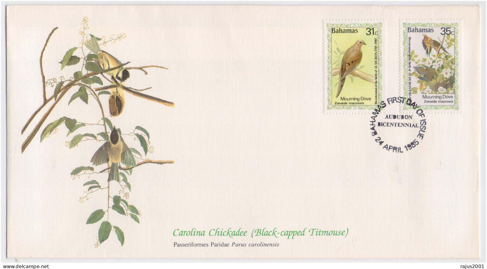 Mourning Dove, Carolina Chickadee Black Capped Titmouse Bird, Birds, Animal, Audubon FDC - Mussen