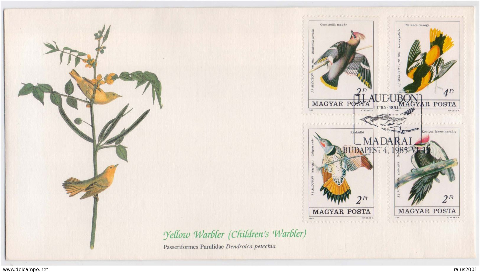 J.J. Audubon Birds, Woodpecker, Yellow Warbler, Children's Warbler, Birds, Bird, Animal, Pictorial Cancellation FDC - Mussen