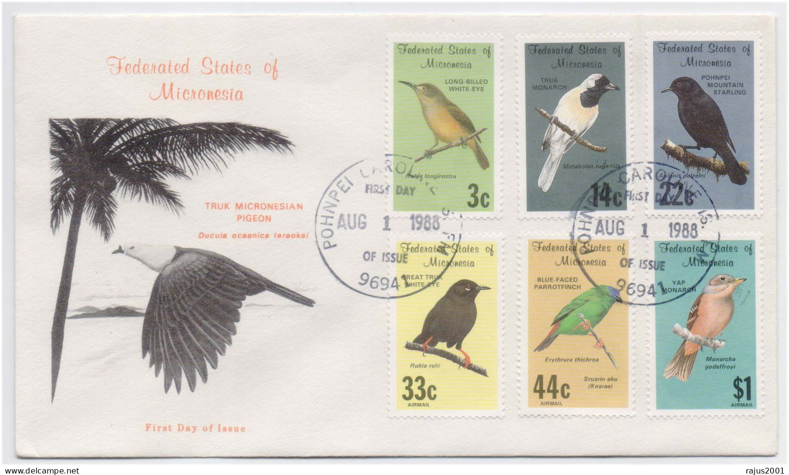 Truk Micronesian Pigeon, Trux Monarch, Mountain Starling, Parrot, Black Bird, Beautiful Birds, Animal, FDC - Moineaux