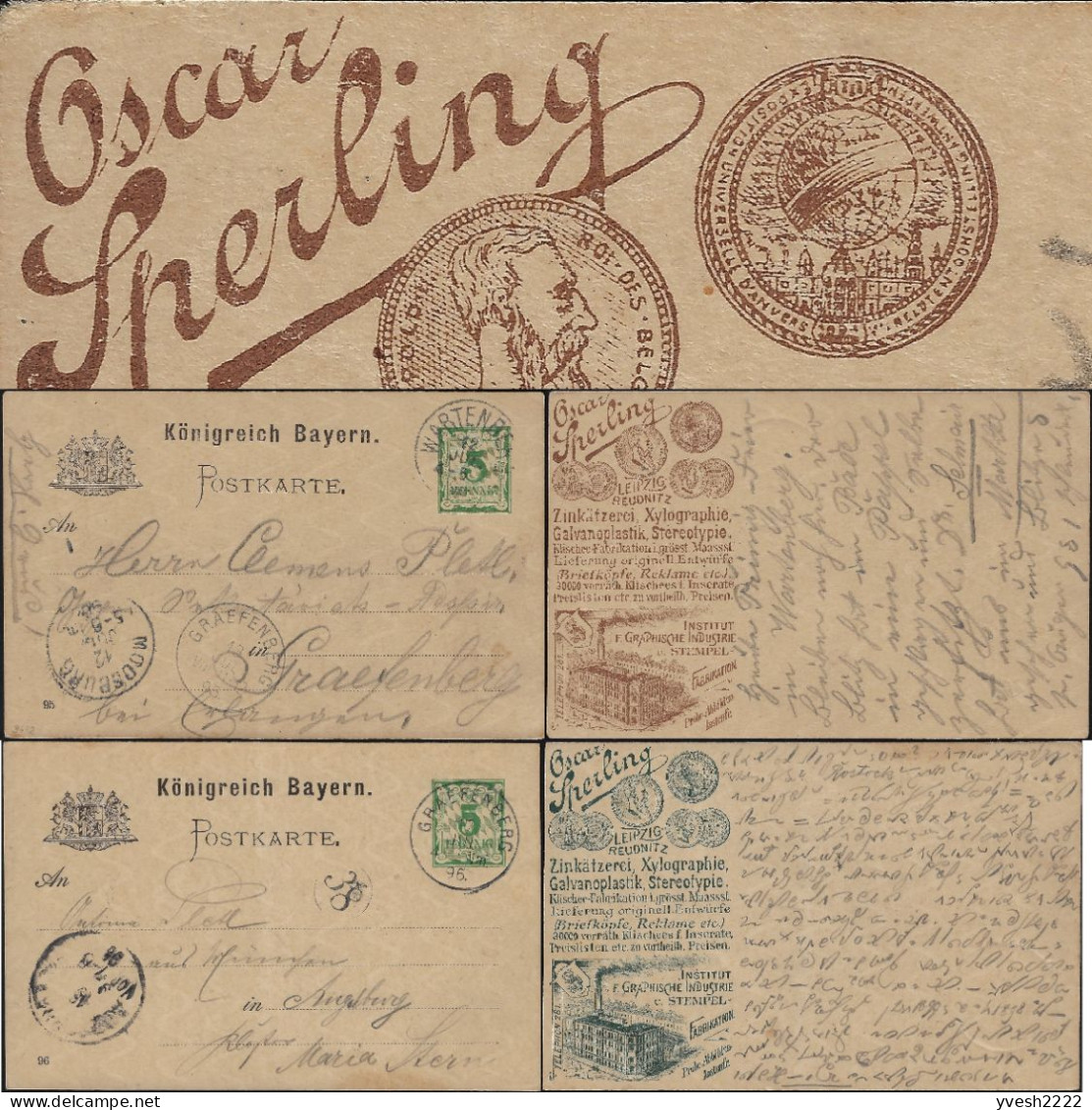 Bavière 1895. 2 Cartes Postales TSC. Oscar Sperling, Leipzig Reudnitz. Industrie Graphique Et Fabrication De Cachets - 1894 – Anvers (Belgique)