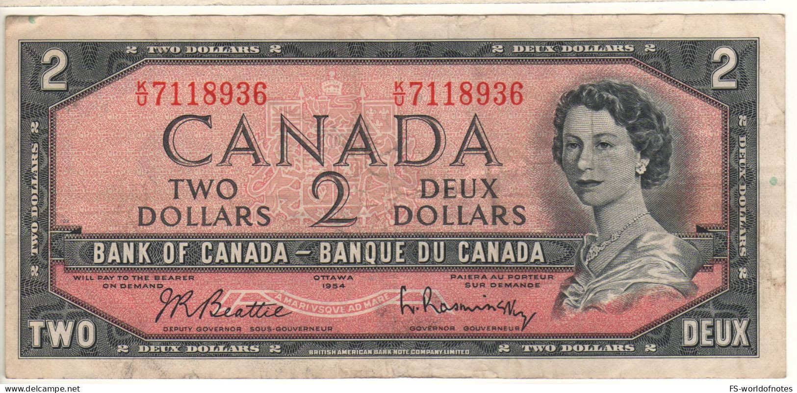 CANADA  $ 2 Dollars   P76b  1954 ( Queen Elizabeth - Country Valley At Back   Signature Beattie & Rasminsky) - Canada