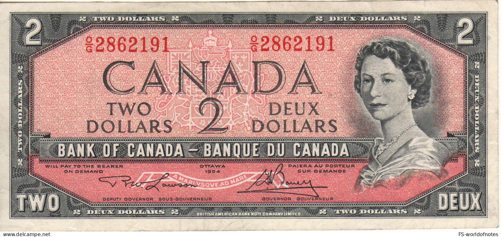 CANADA  $ 2 Dollars   P76d  1954 ( Queen Elizabeth - Country Valley At Back   Signature  Lawson & Bouey ) - Canada