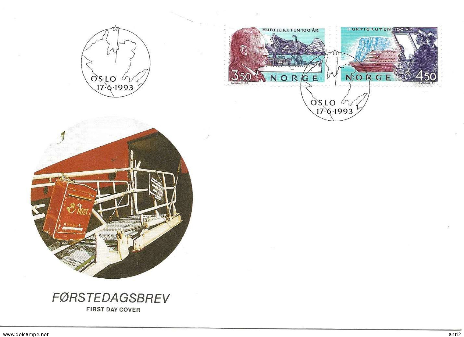 Norge Norway 1993 Centenary Of The "Hurtigruten" Shipping Line, Richard With And Kong Harald  Mi 1127-1128, FDC - Brieven En Documenten