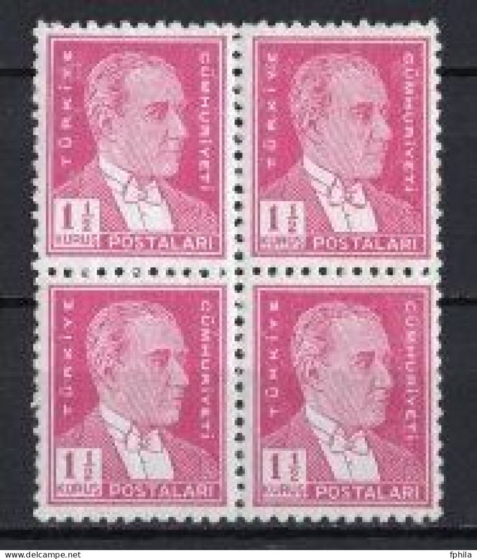 1941 TURKEY 1 1/2 K. ATATURK POSTAGE STAMP BLOCK OF 4 MNH ** - Unused Stamps
