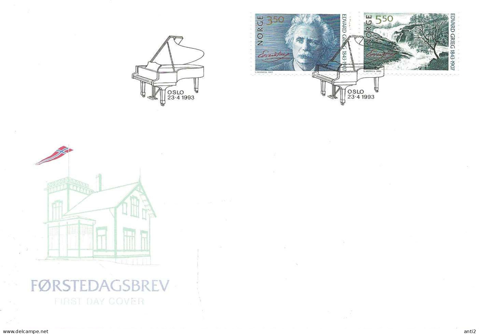 Norge Norway 1993 Composer Edvard Grieg's 150th Birthday.  Mi 1125-1126, FDC - Lettres & Documents