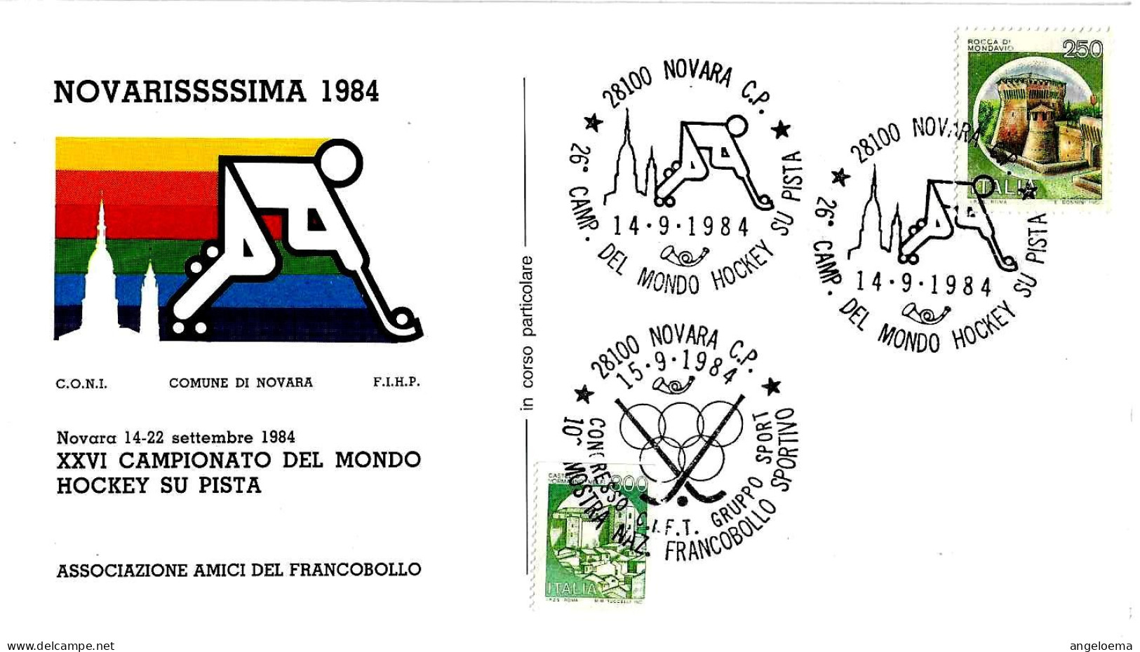 ITALIA - 1984 NOVARA 2 Annulli 26° Camp.mondo Hockey Su Pista + 10° Mostra Francobollo Sportivo Su Busta Spec.- 4245 - Jockey (sobre Hierba)