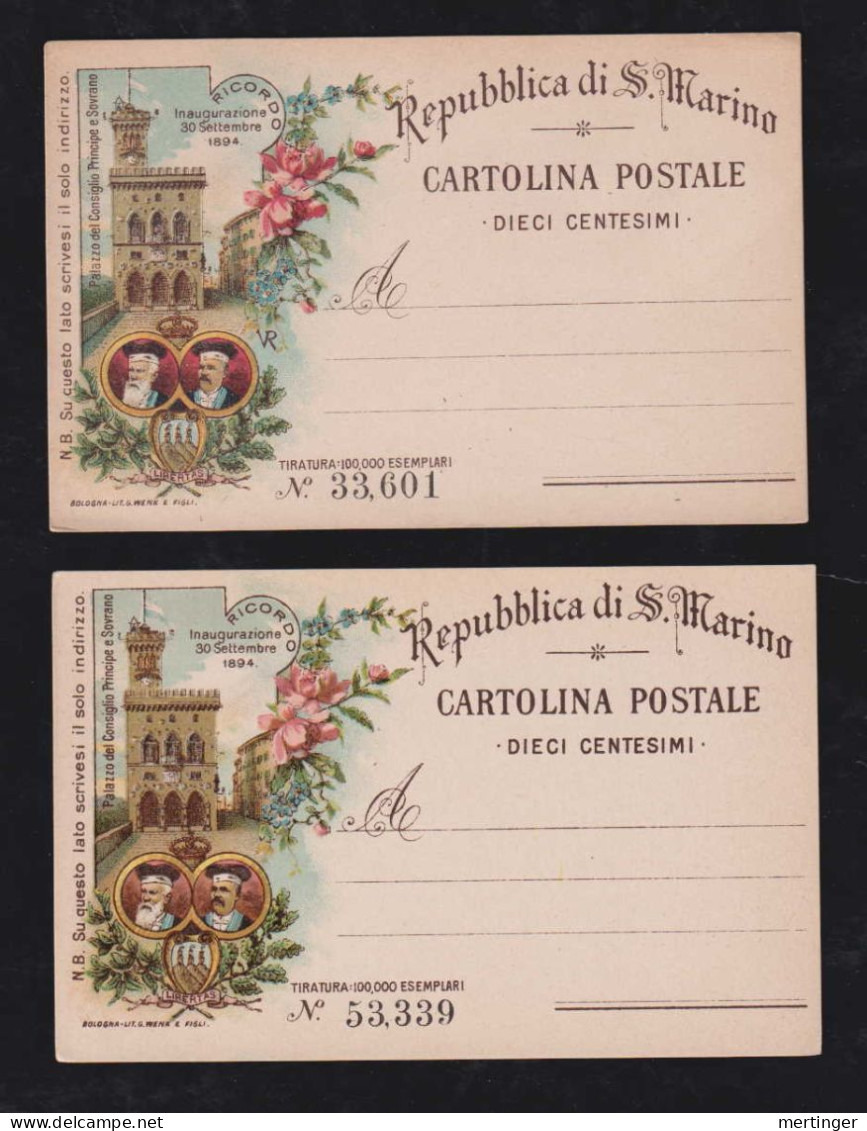 San Marino 1894 Stationery Postcard P16 Both Types With Without Artist Signature ** MNH - Cartas & Documentos