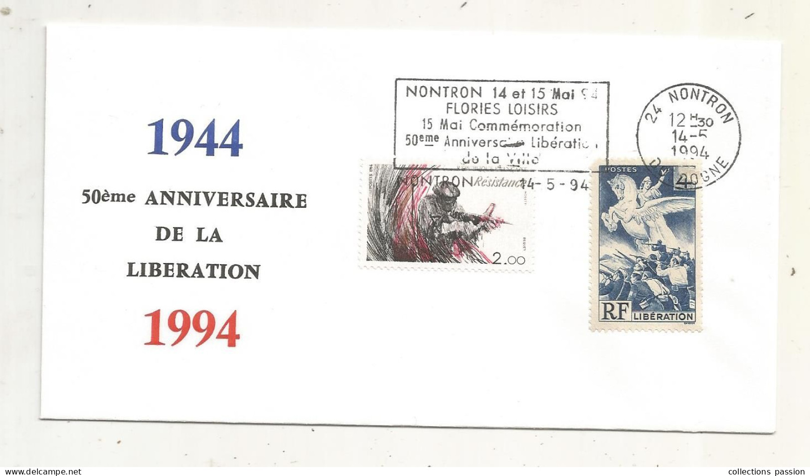 Libération,flamme: 50 E Anniversaire De La Ville De NONTRON,24 ,14-5-1994,,frais Fr 1.65 E - Liberación
