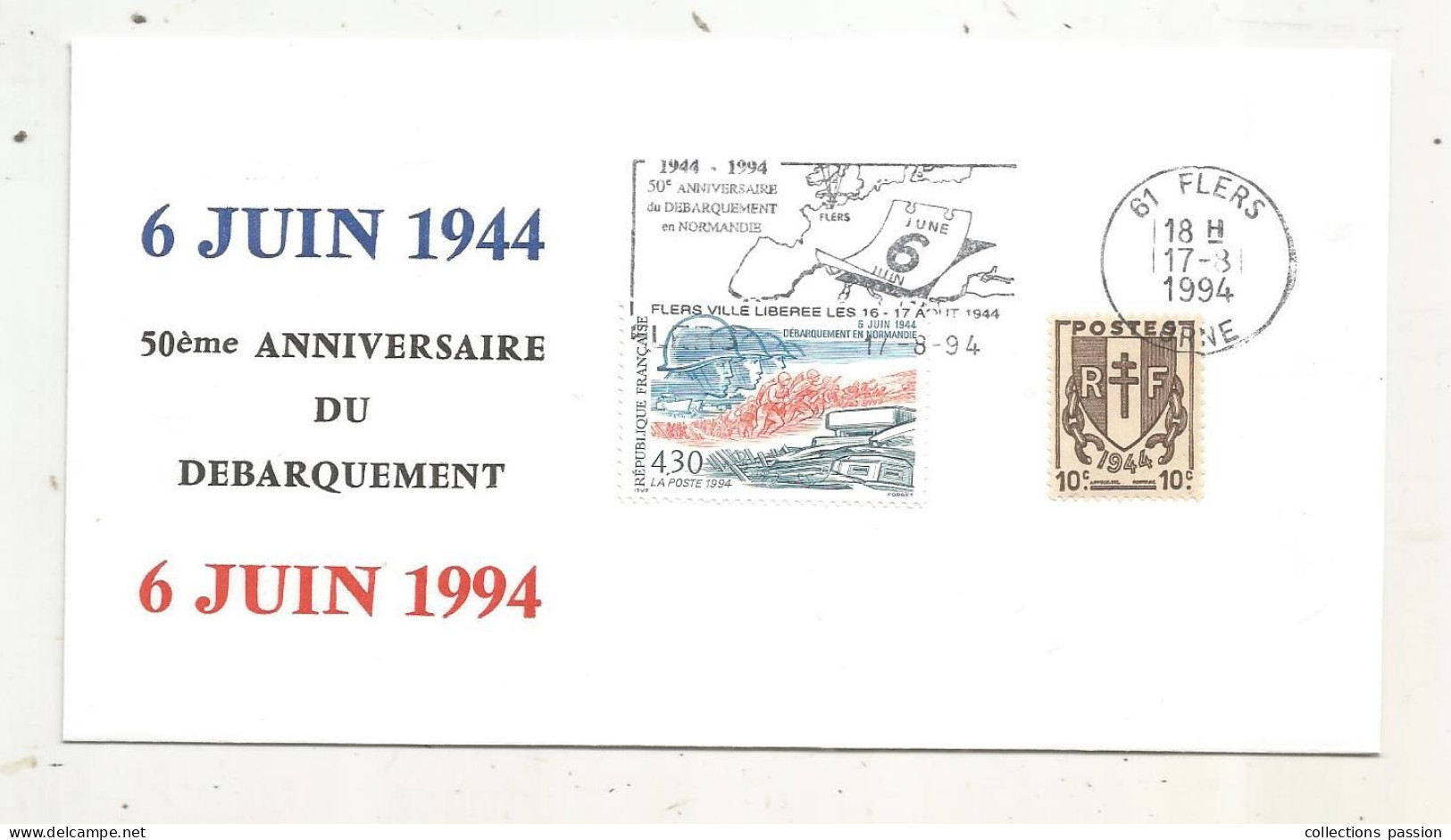 Libération,flamme: 50 E Anniversaire Du Débarquement En Normadie,61,FLERS Libérée ,17-8-1994,,frais Fr 1.65 E - Liberation