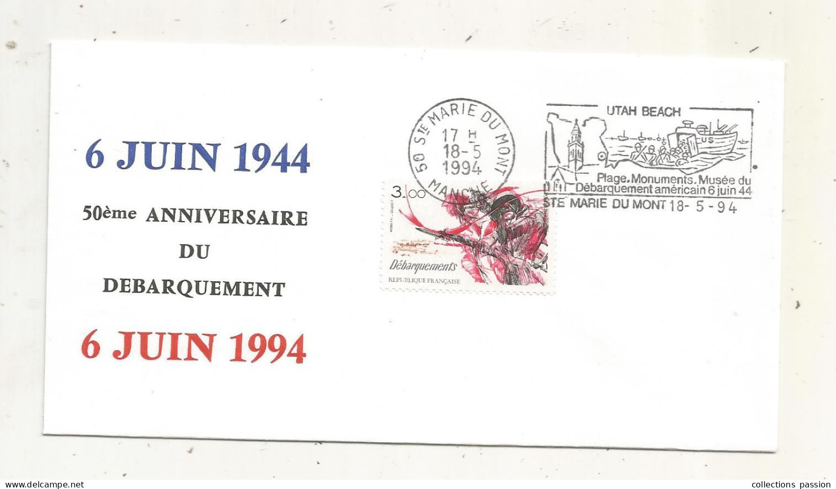 Libération,flamme: 50 E Anniversaire Du Débarquement , UTAH Beach ,50, Ste Marie Du Mont,18-5-1994,,frais Fr 1.65 E - Liberation