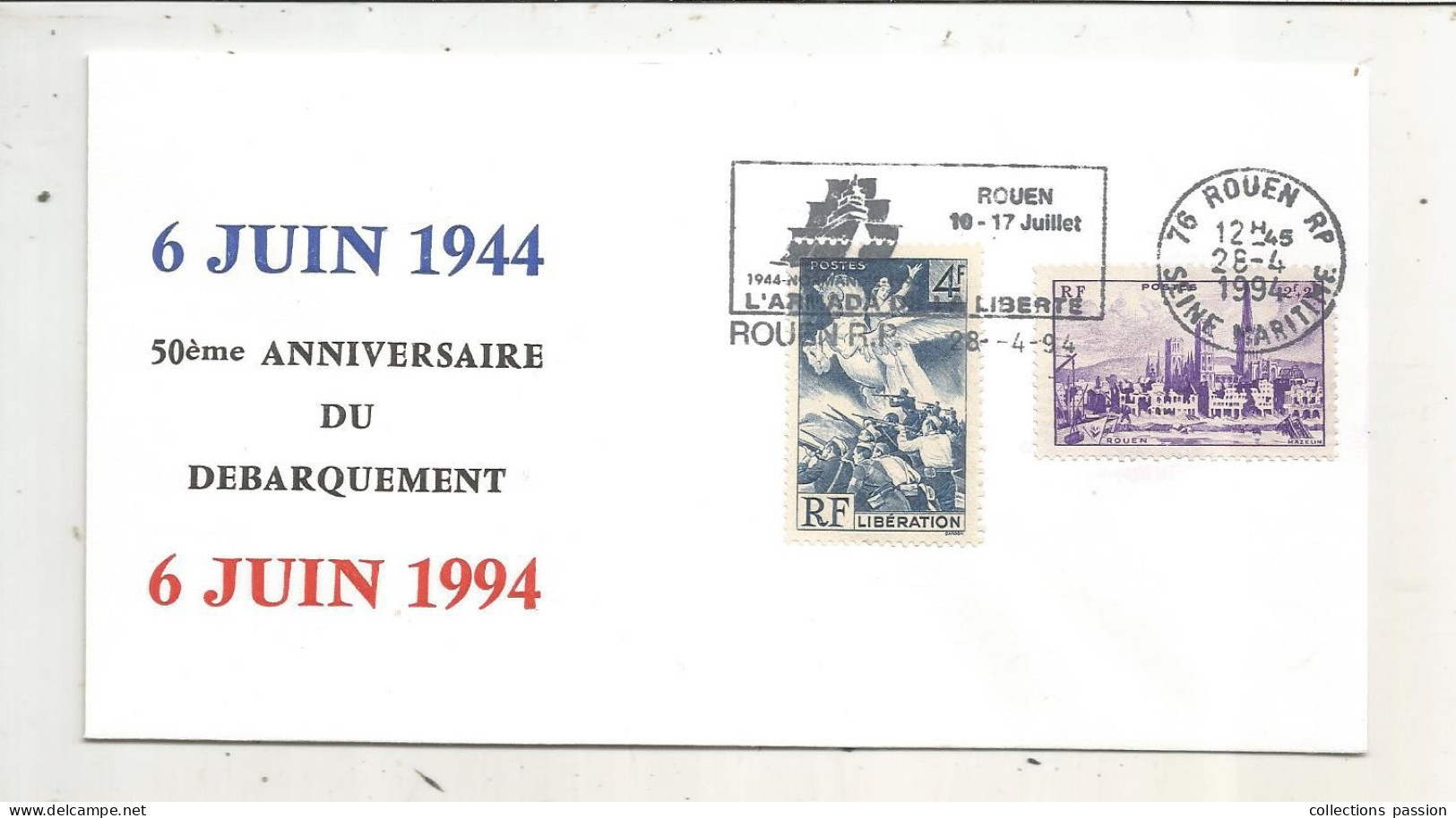 Libération,flamme: 50 E Anniversaire Du Débarquement, ROUEN L'armada De La Liberté,76 ,Rouen, 28-4-1994,,frais Fr 1.65 E - Liberation