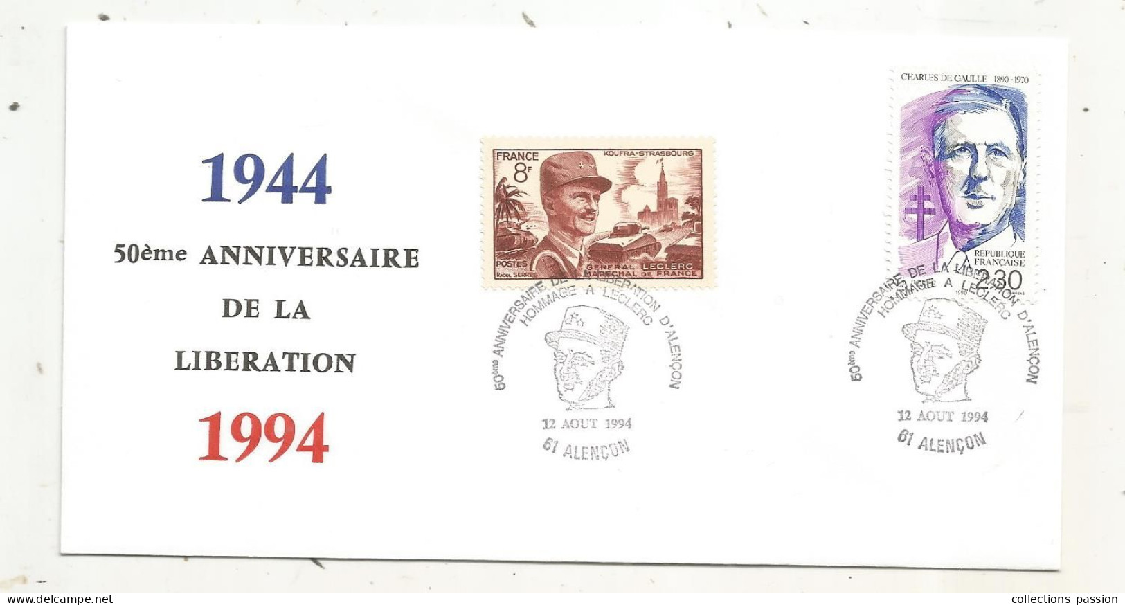 Libération, Cachet Commémoratif, 50e Anniversaire De La Libération D'ALENCON,61, 12 Aout 1994,,frais Fr 1.65 E - Liberation